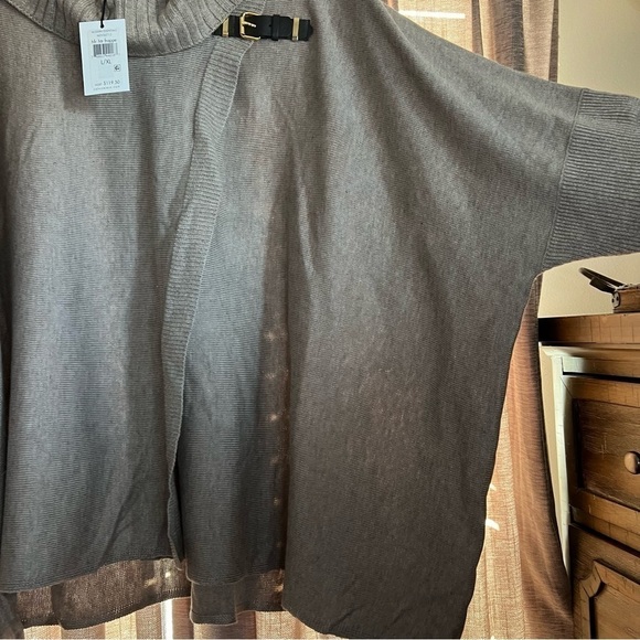 NWT Calvin Klein Tan Leather Buckle Cowl Neck Poncho Sweater Large/Extra Large - Picture 9 of 14